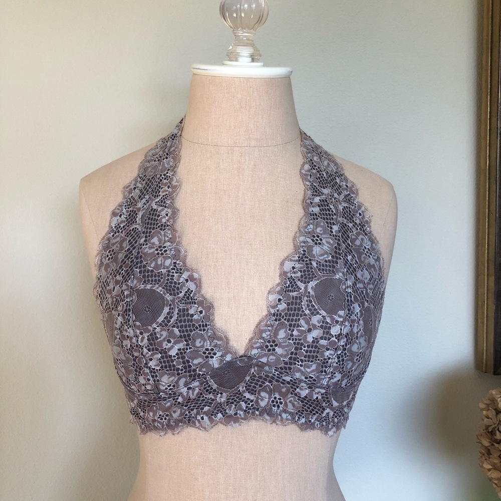 Free People Intimately Gray Lace Halter Galloon Bra Top Small